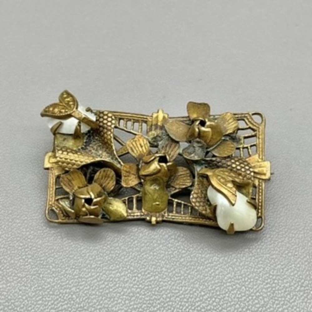 Vintage Brooch Gold Tone Dimensional Floral White Cabochon Openwork Flower Pin